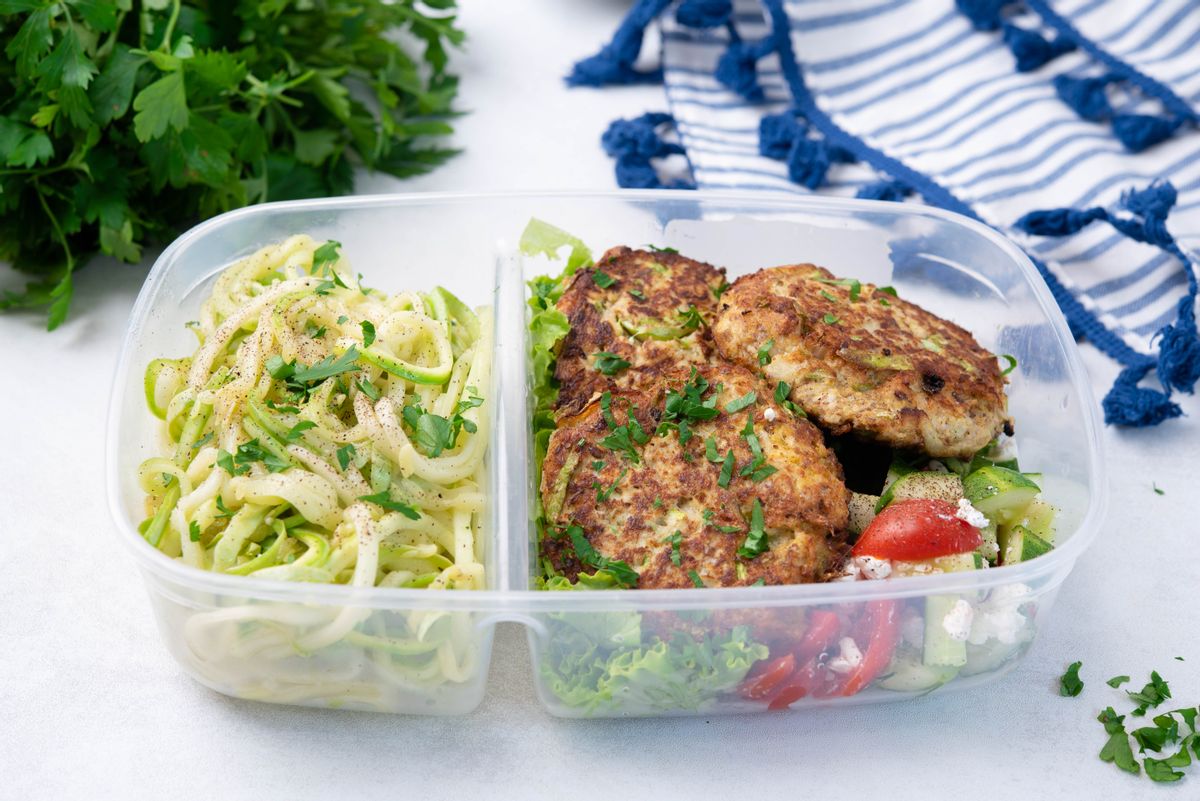 Keto Cauliflower Fritters with Garlic Zoodles