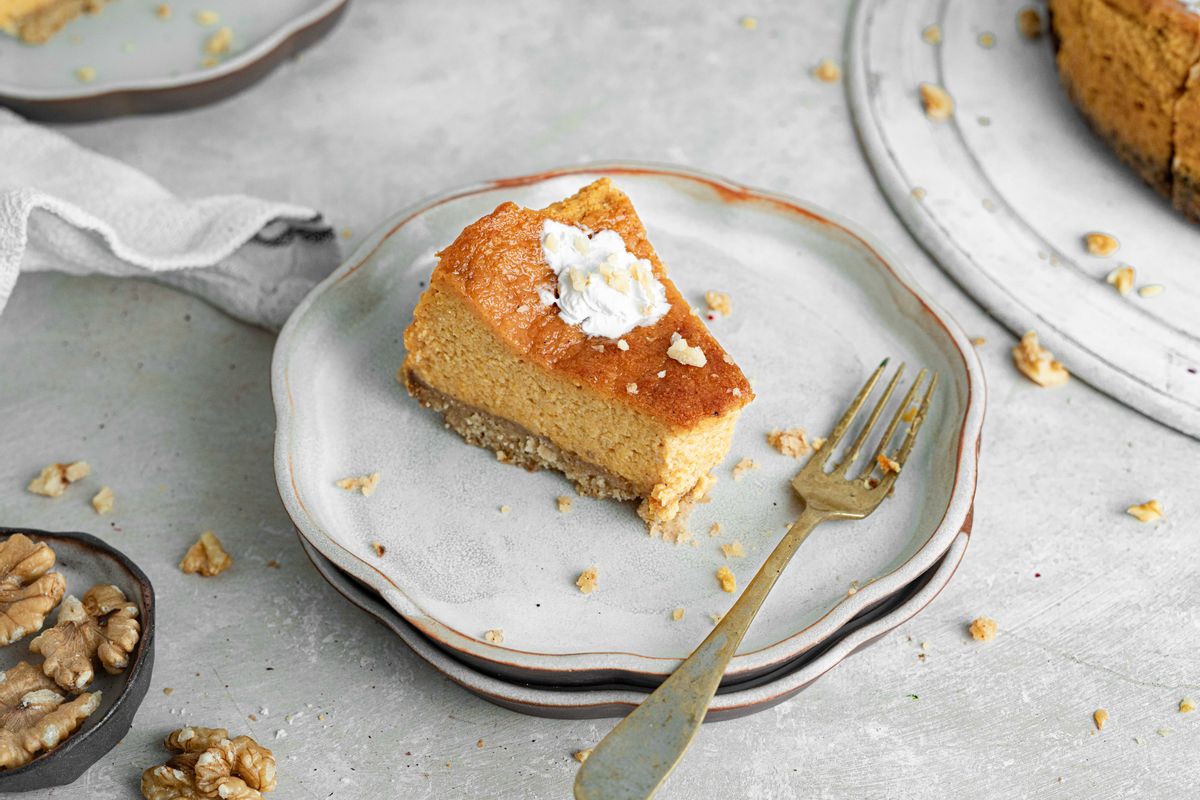 Keto Pumpkin Cheesecake with a Walnut Crust