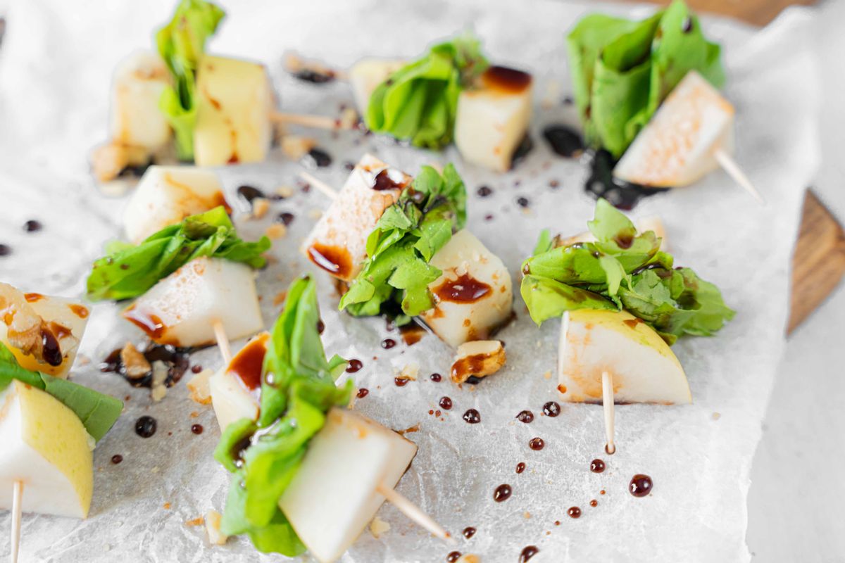 Keto New Year's Pear and Gouda Skewers with Balsamic Glaze