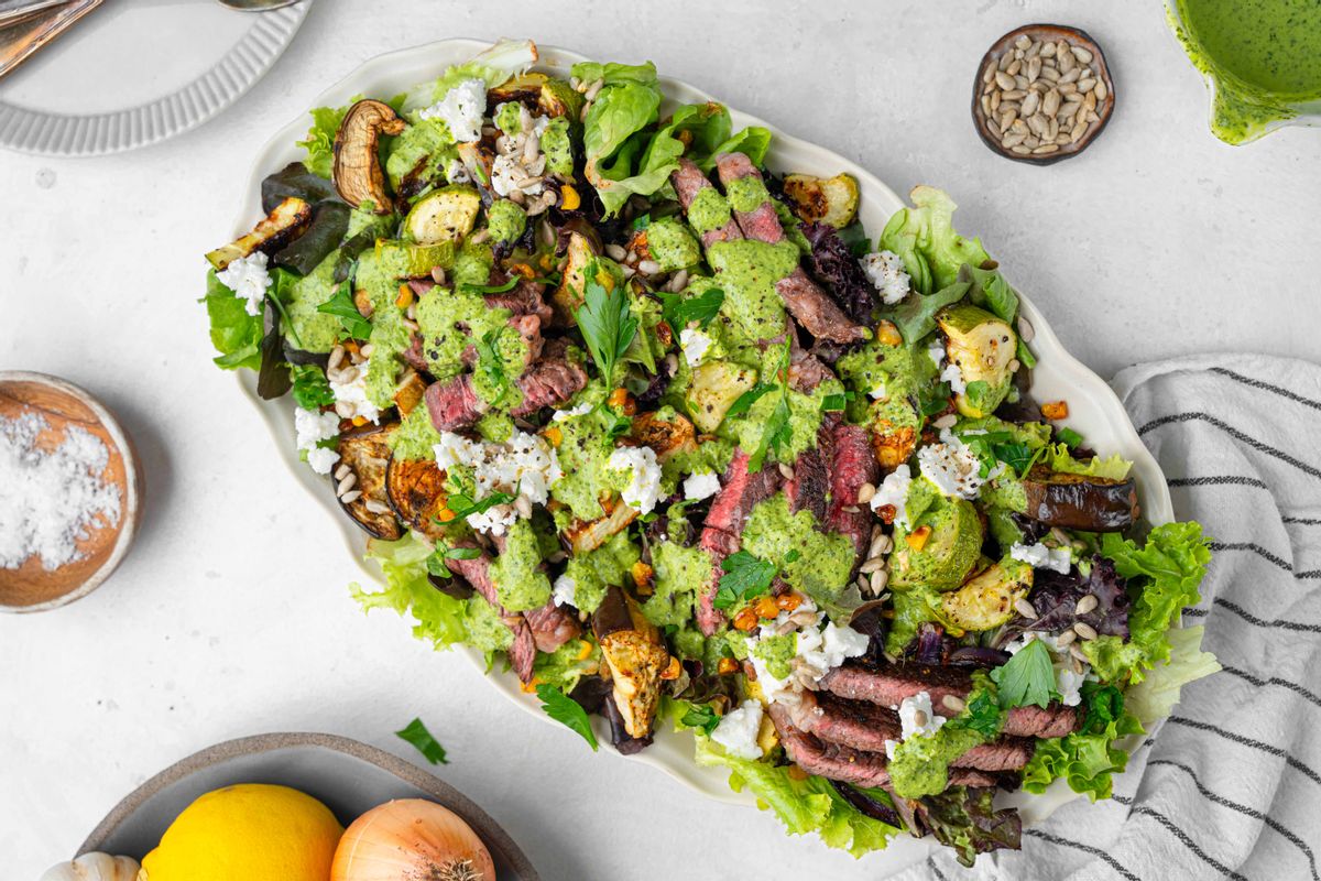 Keto Mediterranean Steak and Roasted Vegetables Salad