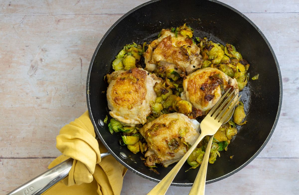 Keto Sticky Orange Chicken Thighs with Brussels Sprouts
