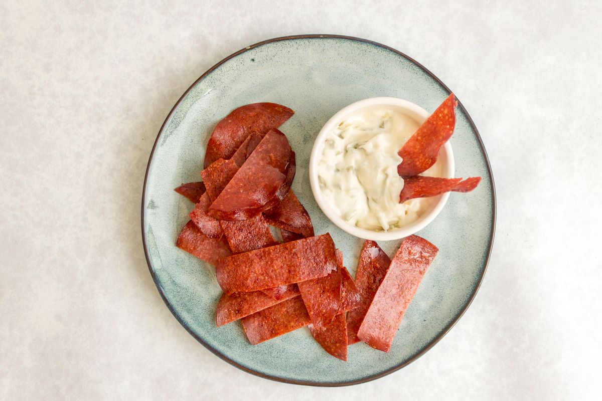 Keto Salami Chips and Pickle Dip