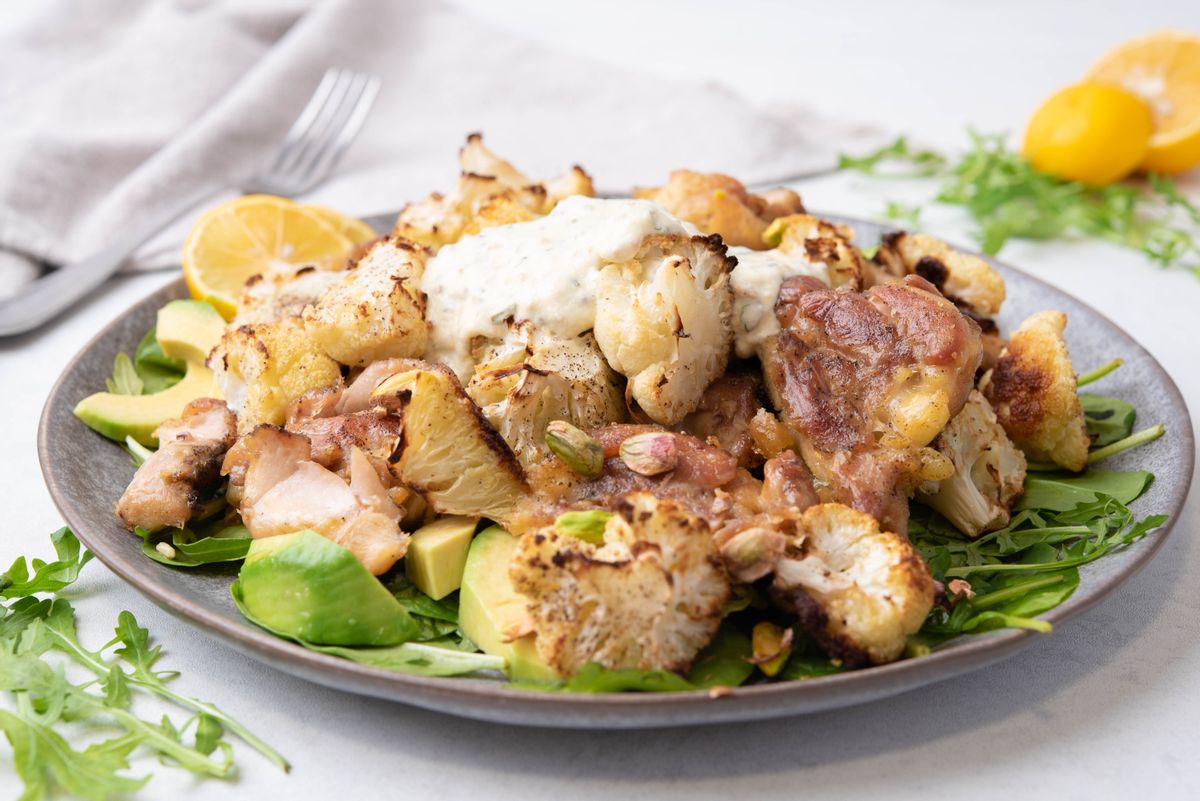 Healthy Keto Cauliflower Chicken Salad with Avocado and Pistachios