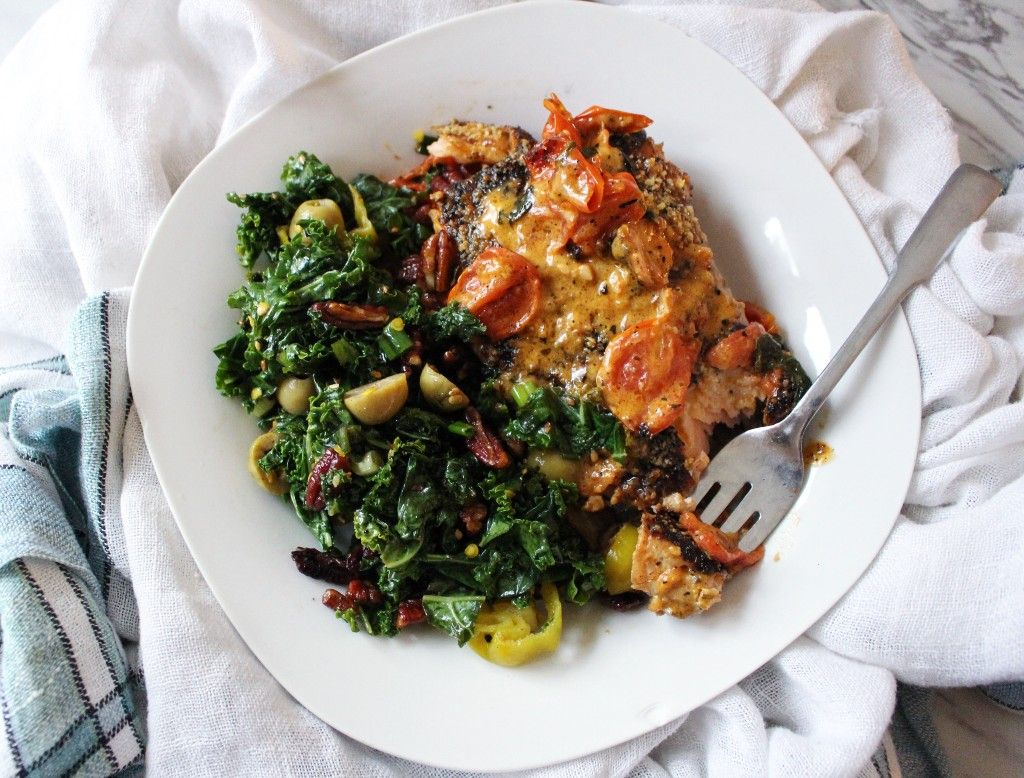 Low Carb Tuscan Tomato Basil Salmon w Warm Kale Salad