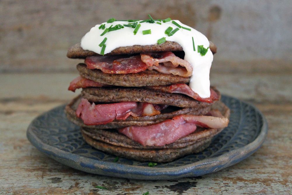 Keto Flax Pancakes with Bacon and Sour Cream