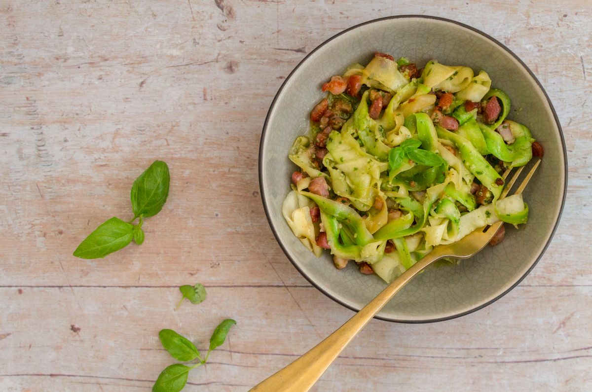 Keto Pancetta and Pesto Spaghetti