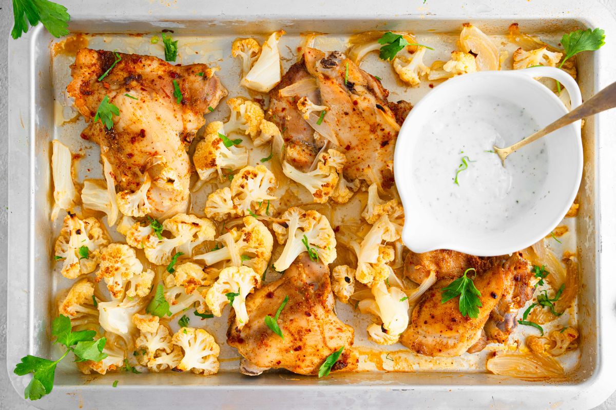 Keto Cauliflower and Chicken Sheet Pan Dinner with Herb Yogurt