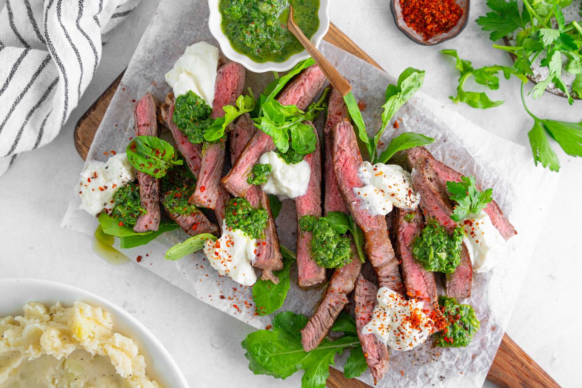 Keto Summer Steak with Whipped Feta and Arugula Chimichurri