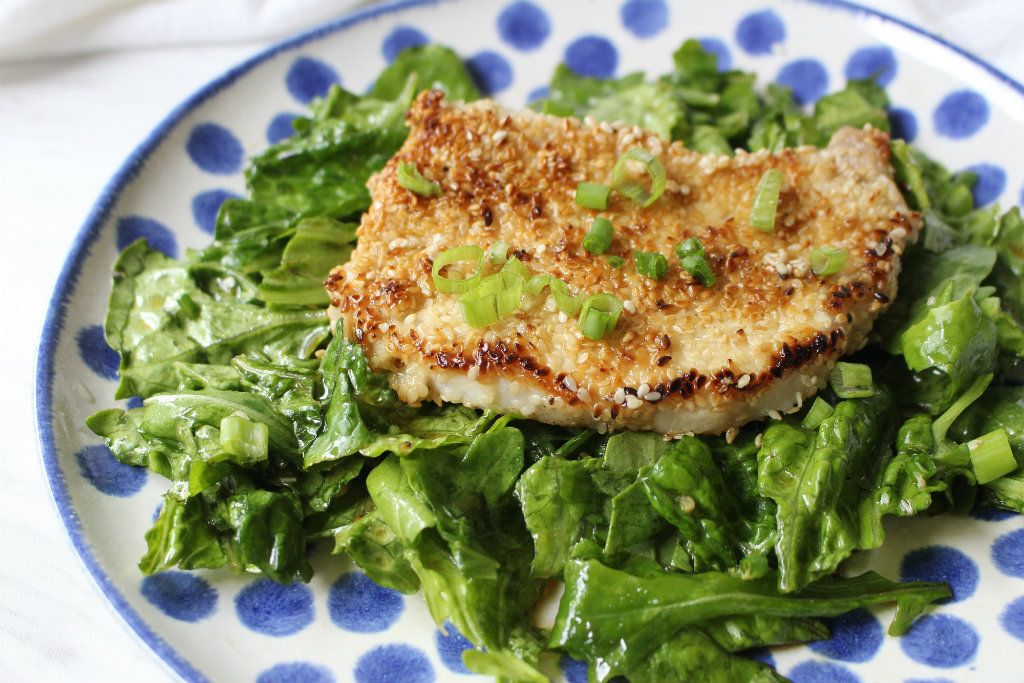 Keto Sesame Crusted Pork w Ginger Scallion Greens