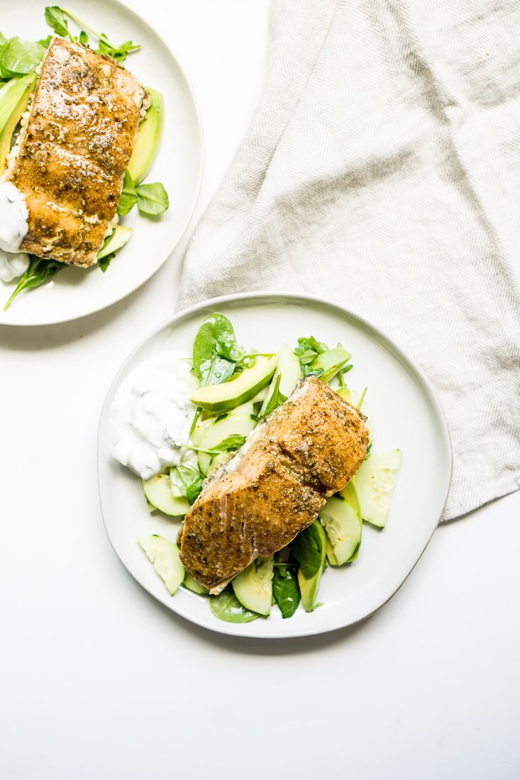 Low Carb Indian Spiced Salmon with Cucumber Mint Yogurt