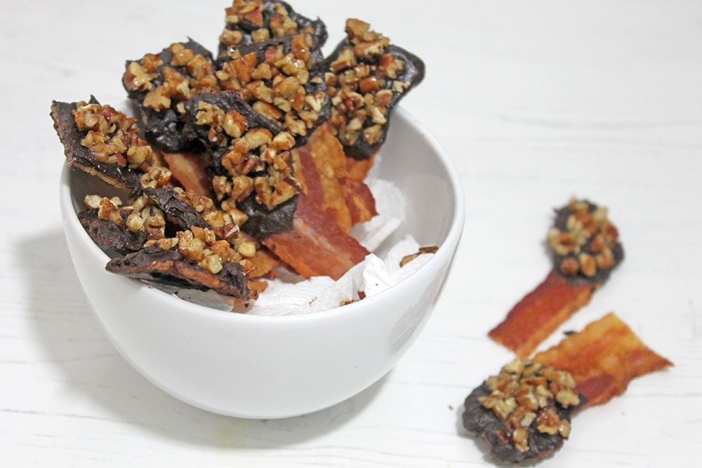 Keto Chocolate Dipped Bacon with Maple Pecans