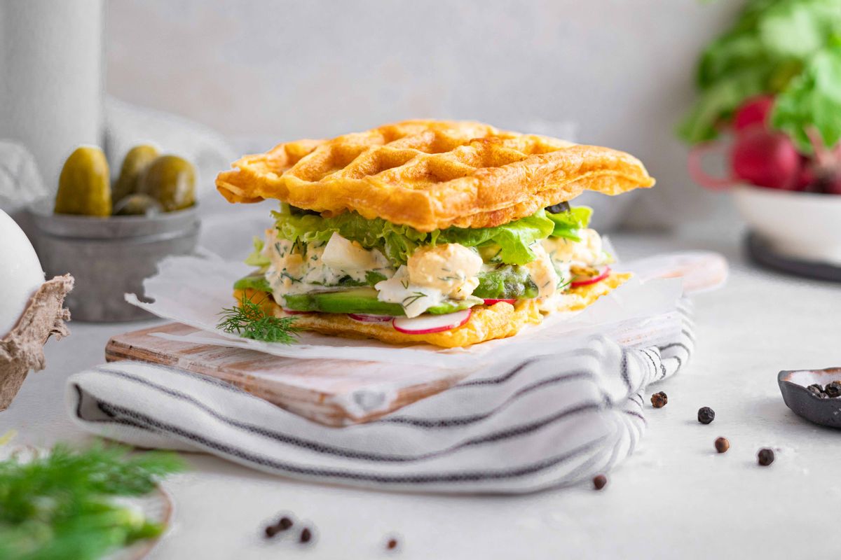 Keto Chaffle Breakfast Sandwich with Bacon and Egg - Green and Keto