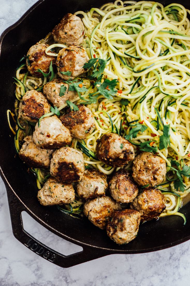 Low Carb Garlic Butter Lemon Zucchini Noodles and Turkey Meatballs