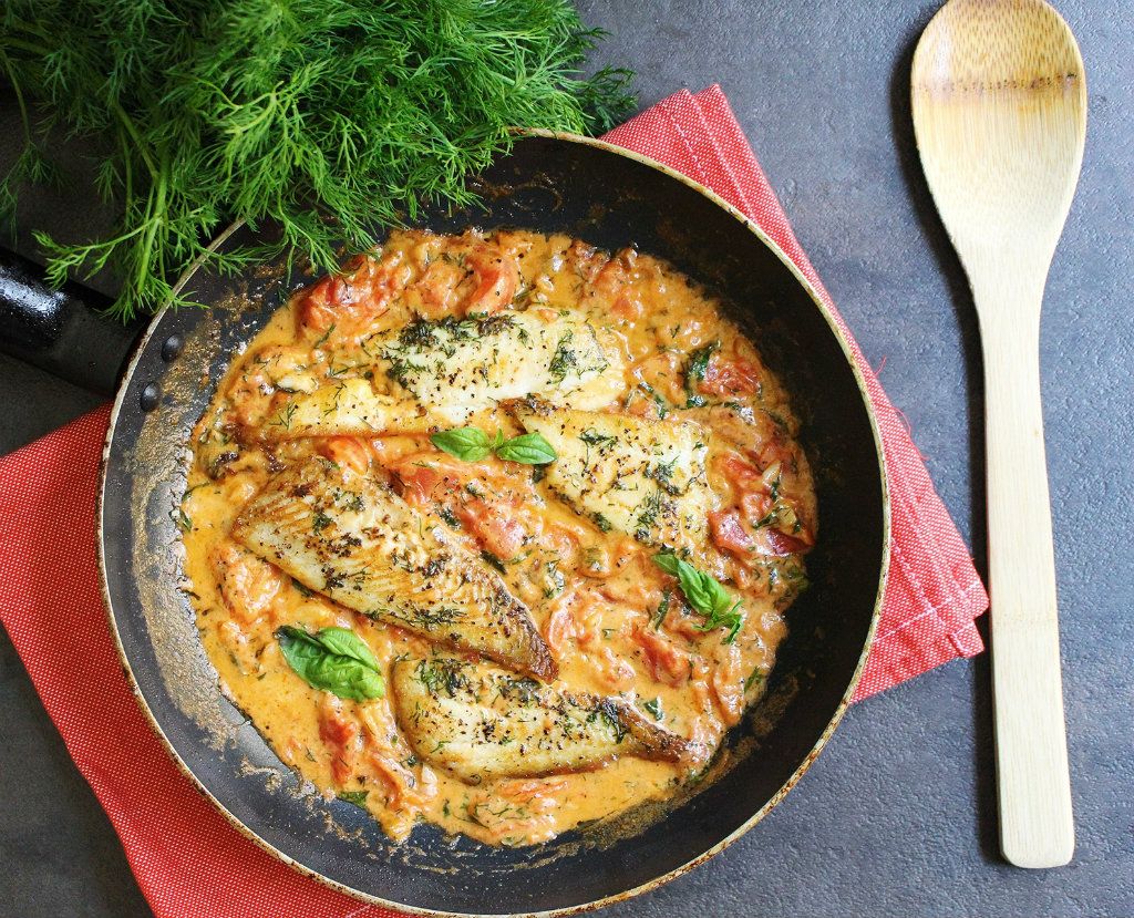 Low Carb Pan Roasted Flounder with Tomato Cream Sauce
