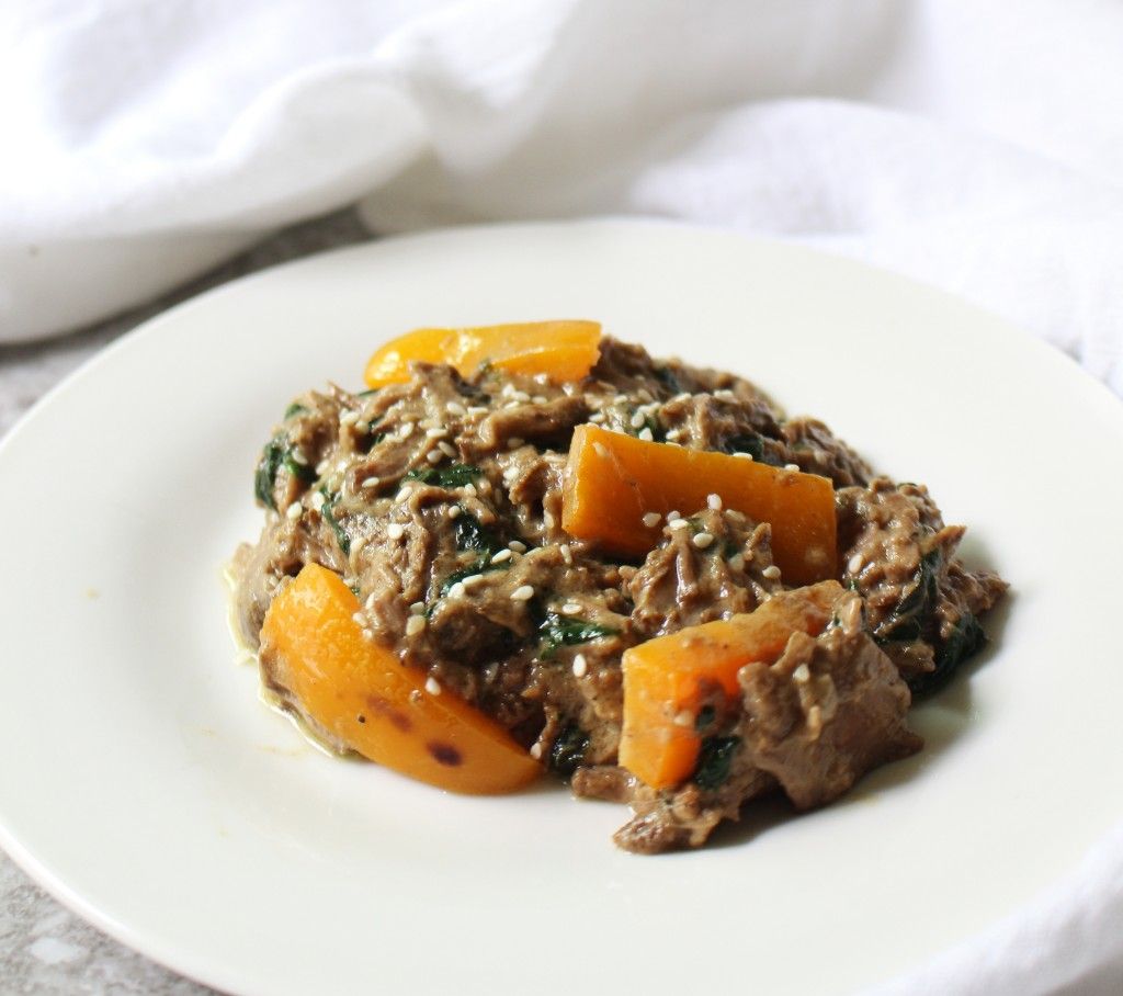 Keto Sesame Peanut Shredded Beef w Spinach and Peppers