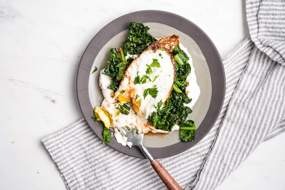 Keto Crispy Egg with Greens Over Yogurt