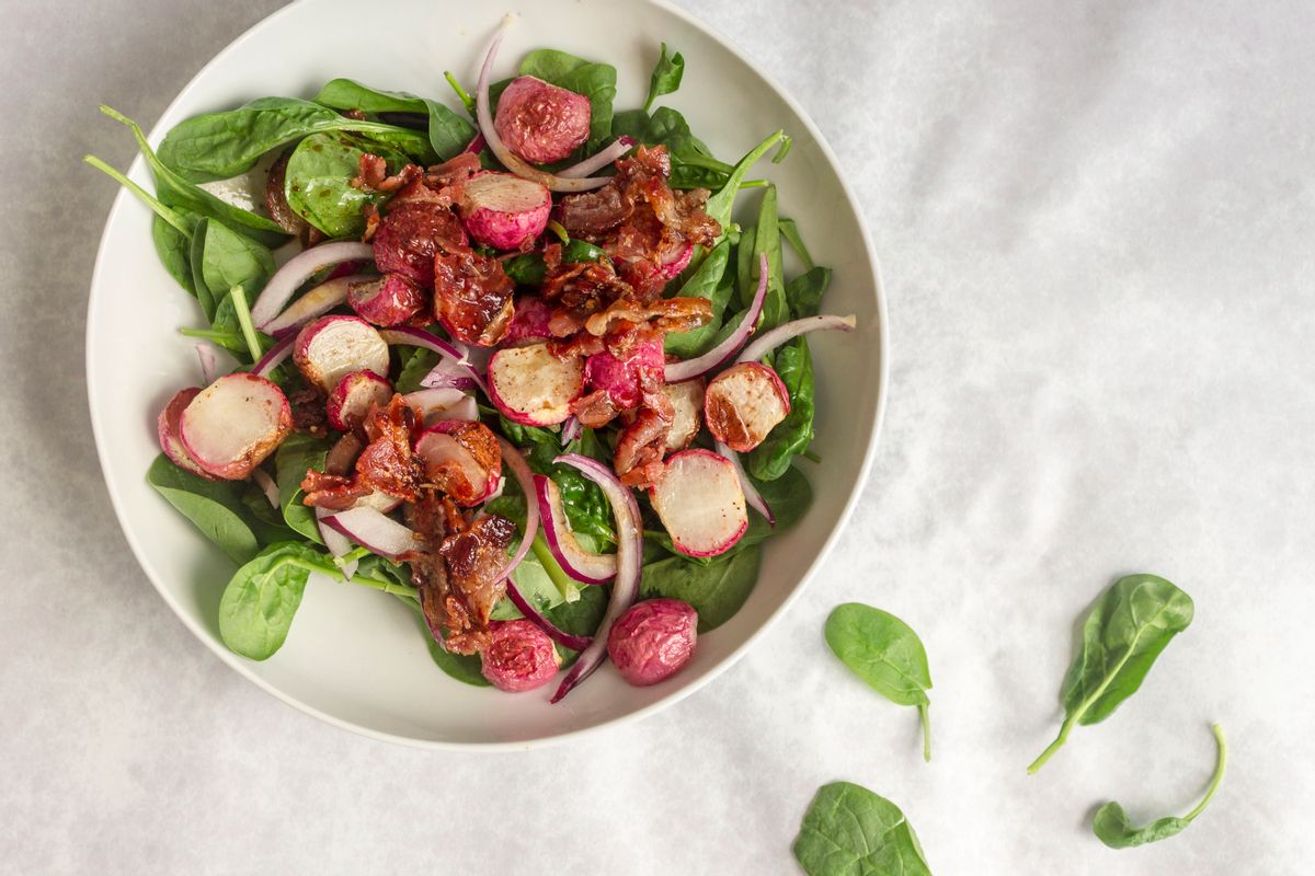 Keto Roasted Radish Salad with Bacon Dressing