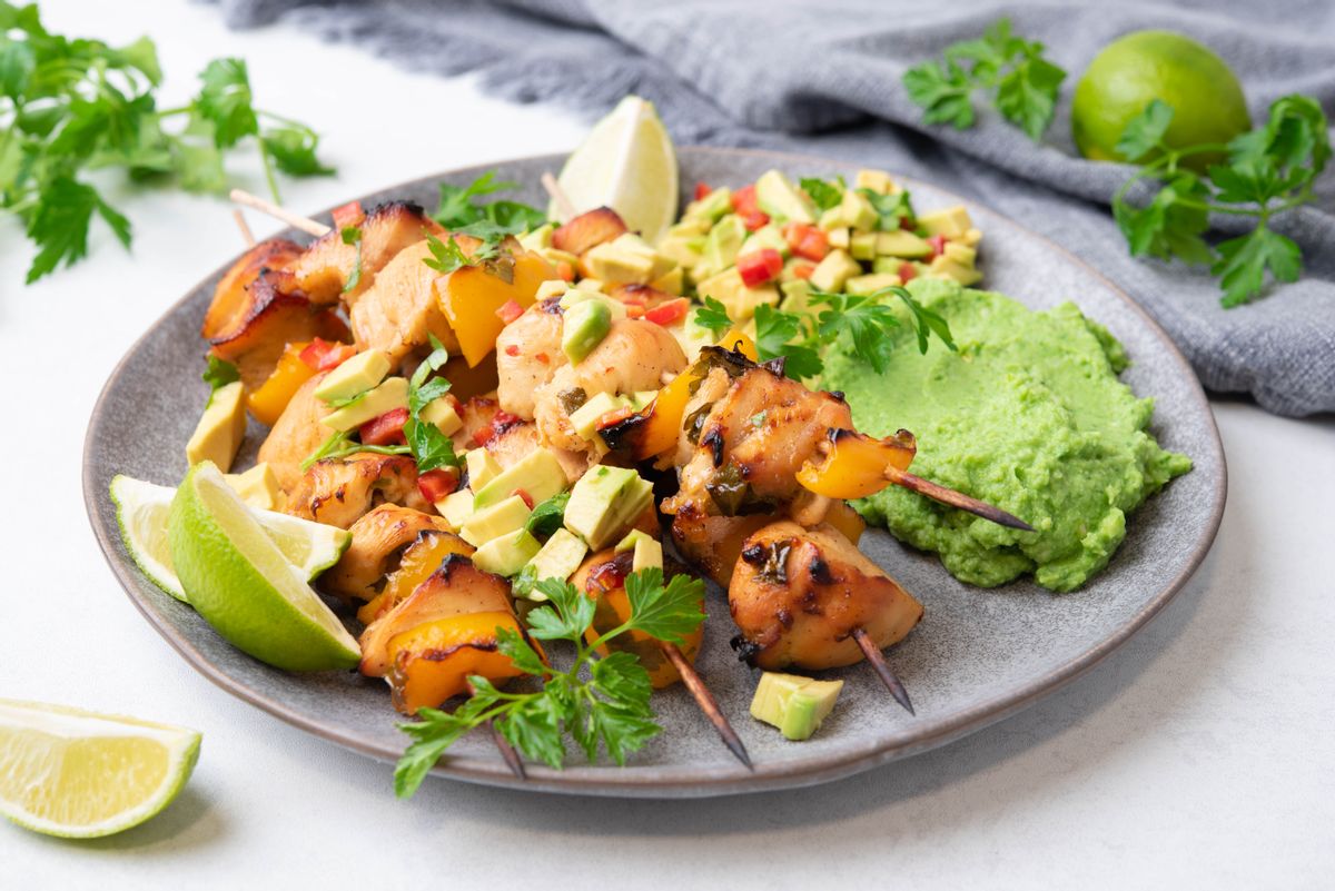 Healthy Keto Chicken Skewers with Avocado Salsa and Broccoli