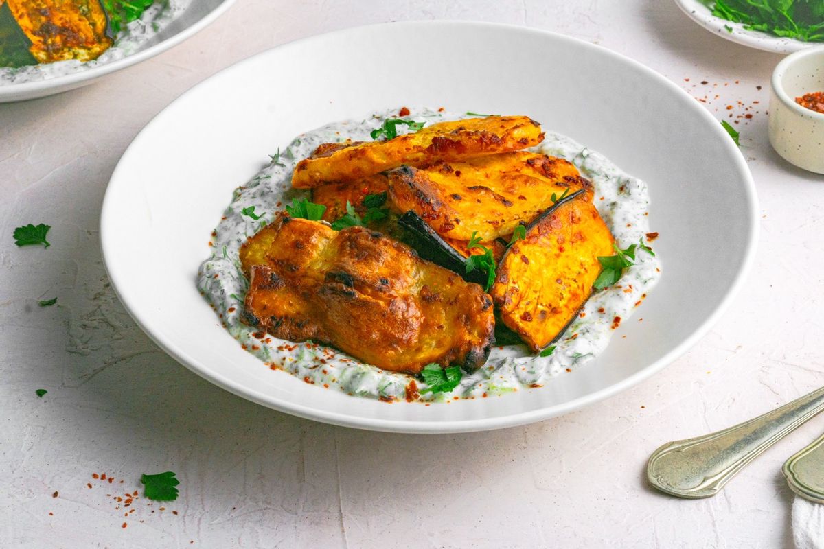 Low Carb Grilled Halloumi and Eggplant with Herbed Tzatziki