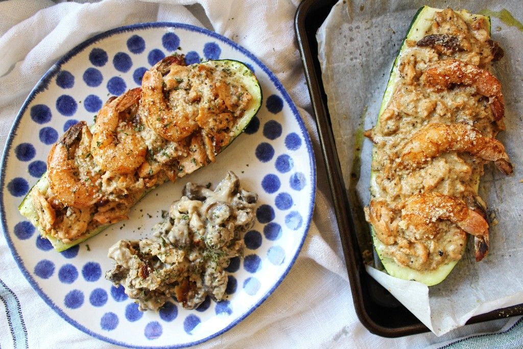 Low Carb Salmon and Shrimp Zucchini Boats w Cheesy Mushroom Casserole