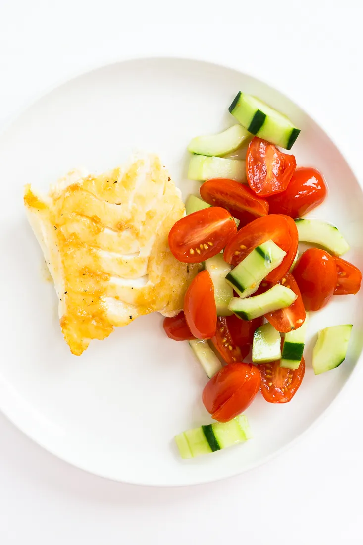 Keto Salt & Pepper Cod With Cucumbers + Tomatoes