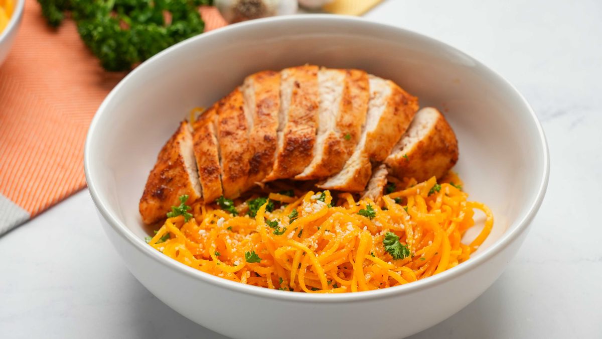 Low Carb Air Fryer Chicken and Parmesan Butternut Squash Noodles 