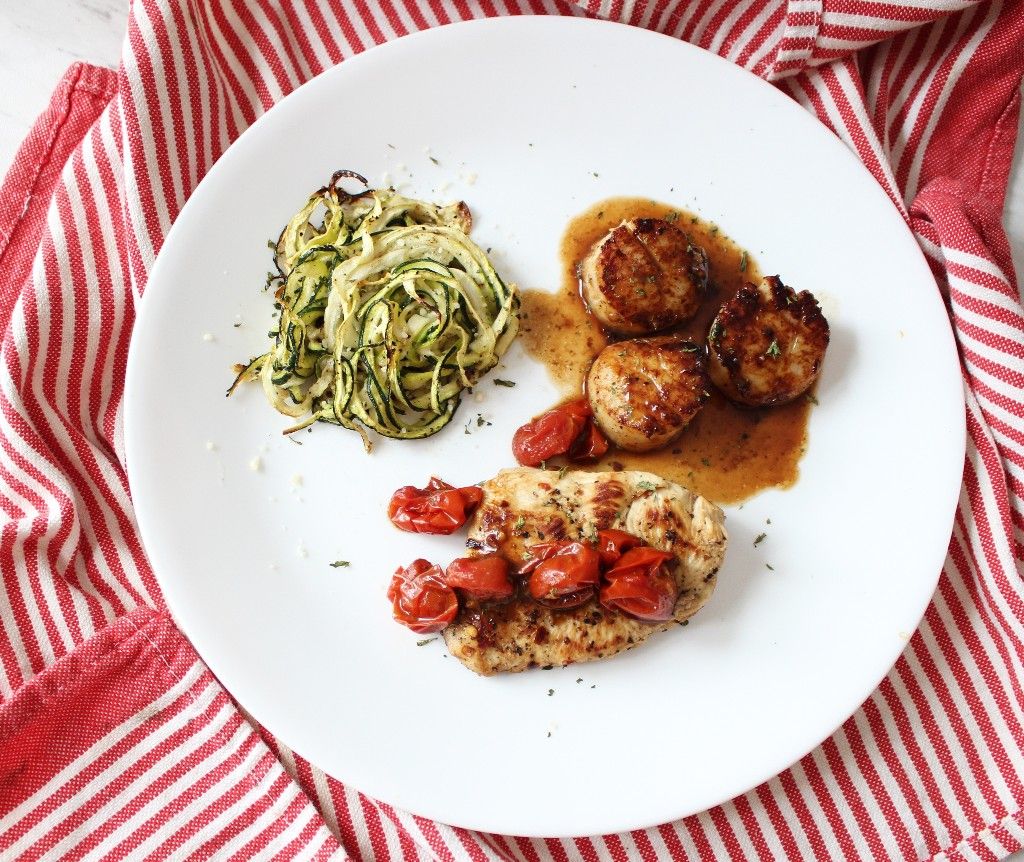 Low Carb Chicken and Scallops w Crispy Zoodles