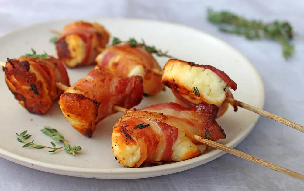 Keto Bacon Wrapped Halloumi Skewers