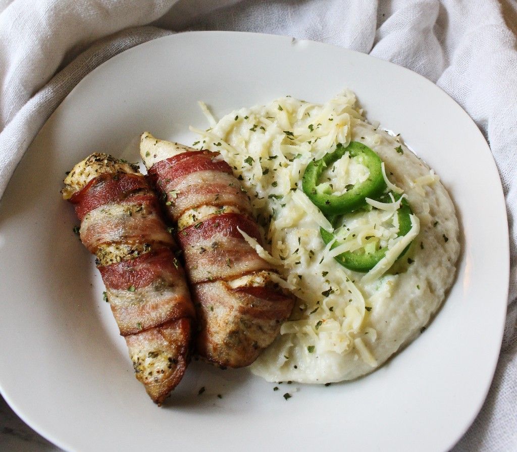 Low Carb Bacon Wrapped Ranch Chicken w Jalapeno Pepper Jack Mashed Cauliflower