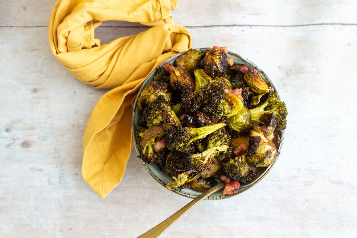 Low Carb Balsamic Maple Sprouts and Broccoli with Pancetta