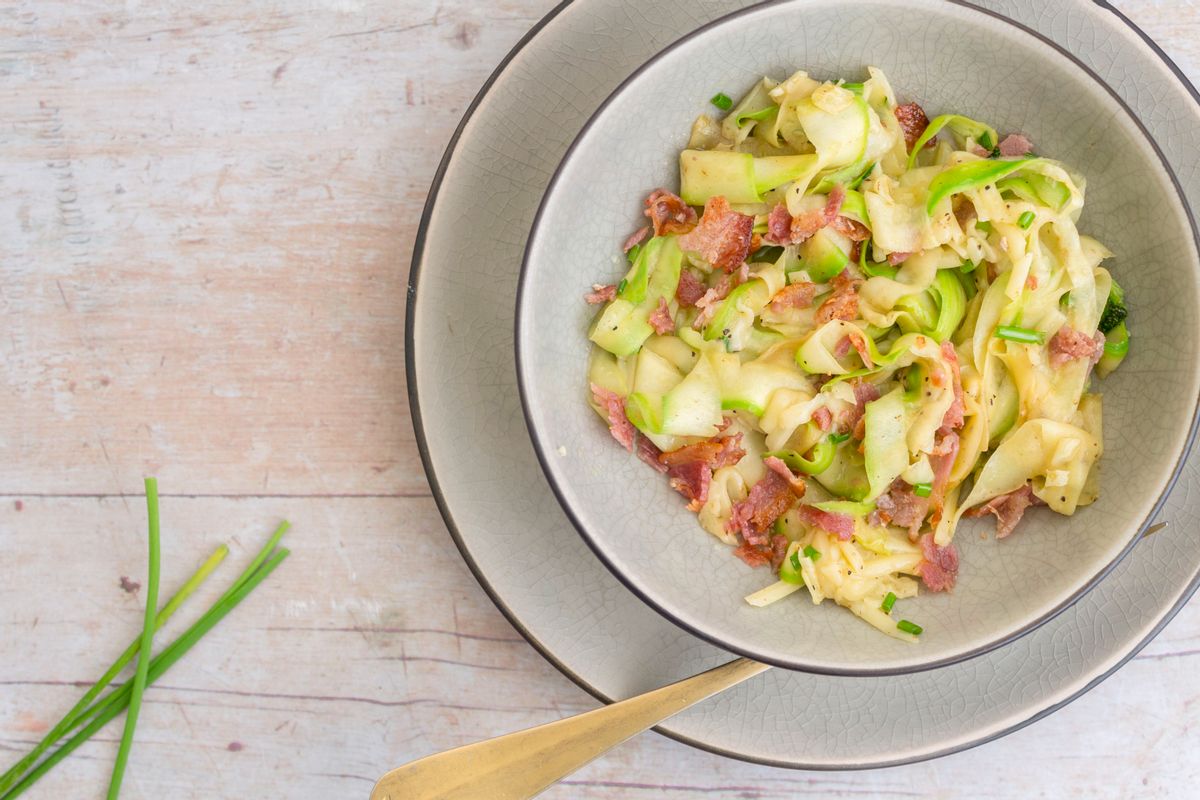 Keto Cheese and Chive Spaghetti with Bacon