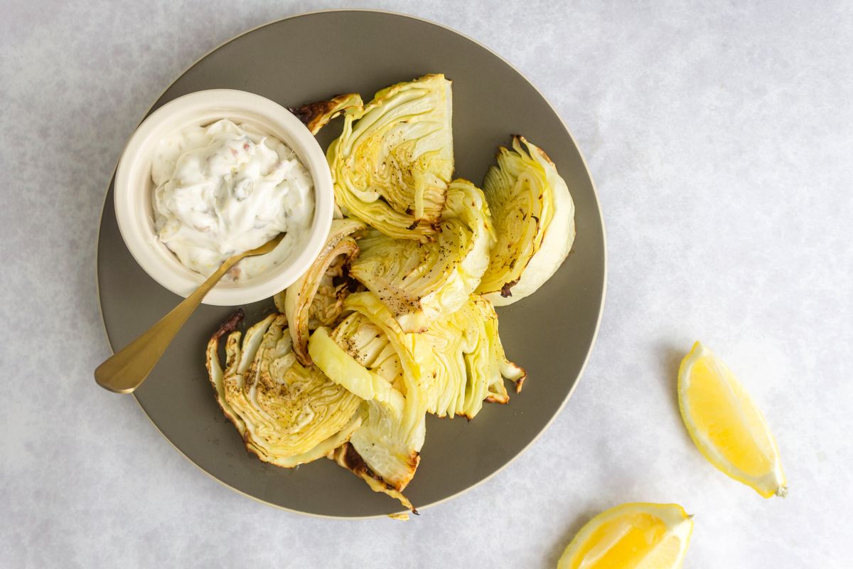 Low Carb Lemony Roasted Cabbage Wedges with Caper and Anchovy Dip