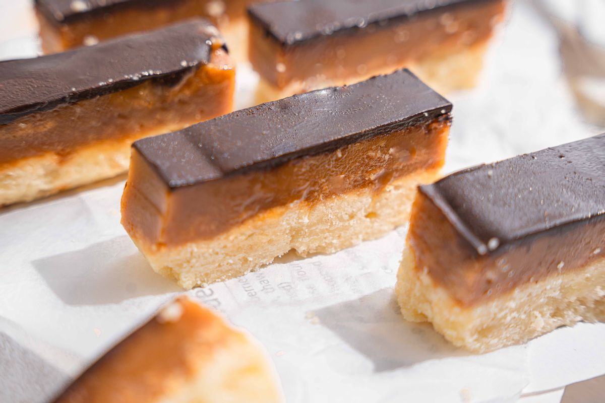 Keto Chocolate Caramel Shortbread Candy Bars