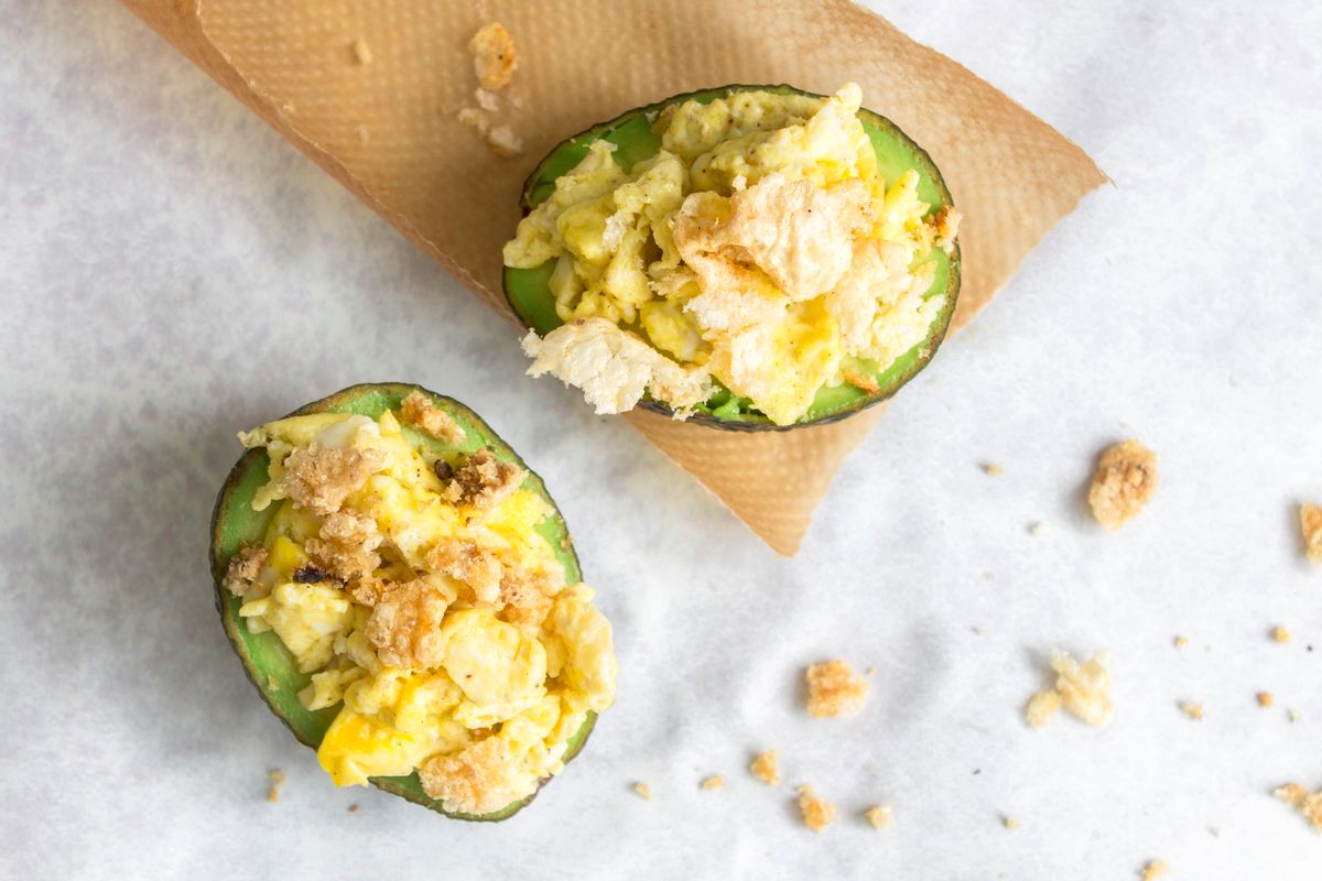 Keto Avocado Boats with Scrambled Eggs and Crispy Pork Rinds