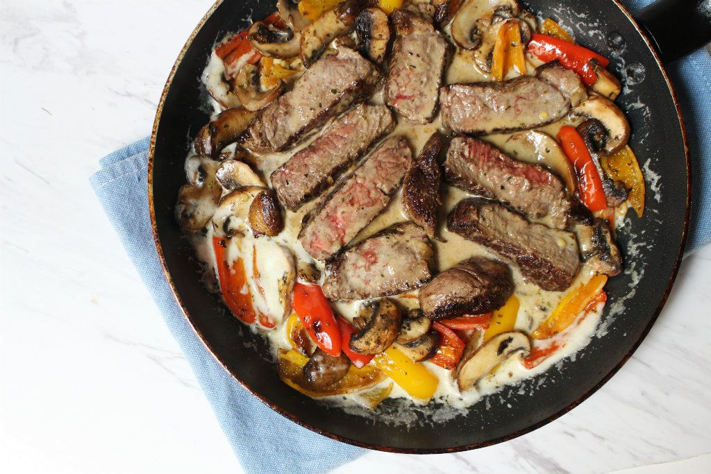 Keto Steak Medallions In Asiago Cream Sauce with Peppers And Mushrooms