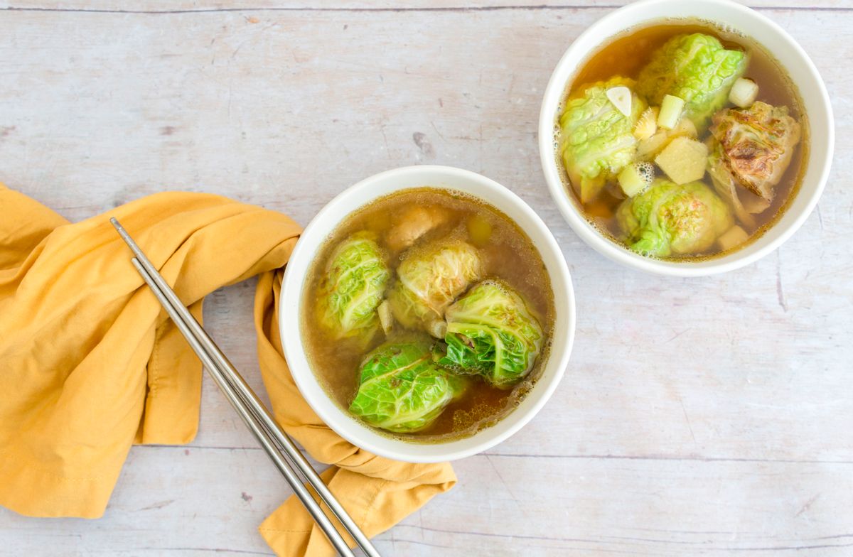 Wonton Soup with Shrimp, Mushrooms & Brussels Sprouts