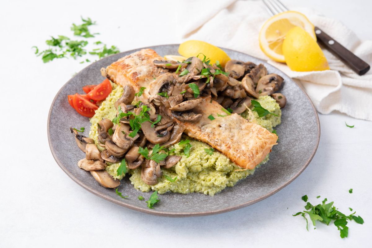 Keto Baked Salmon with Mushrooms and Creamy Broccoli