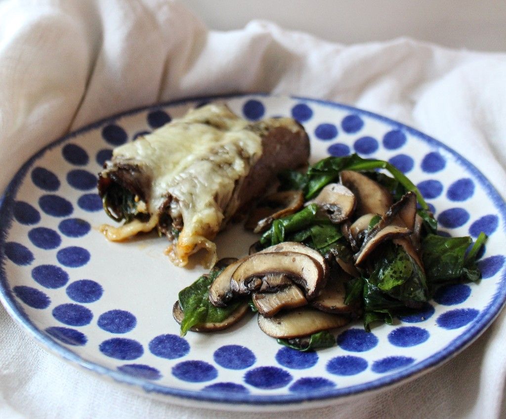 Low Carb Beef Lasagna Rolls w Red Wine Mushrooms and Spinach