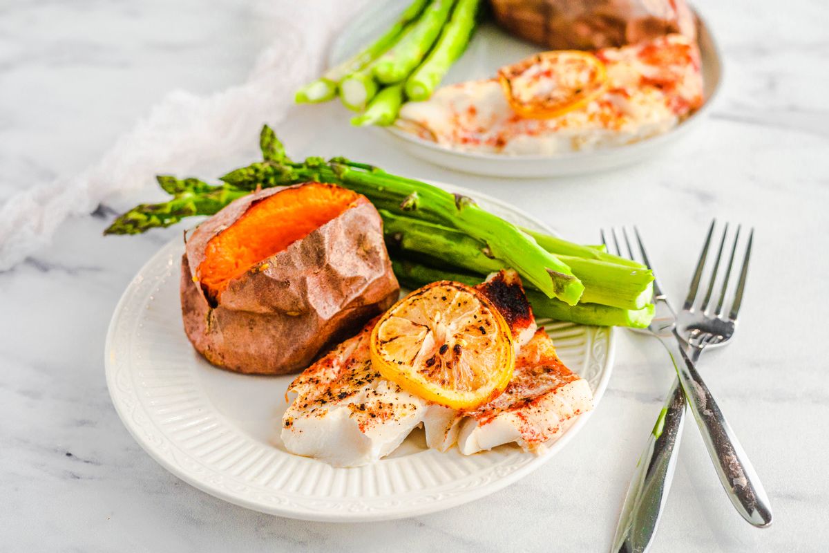 Moderate Carb Olive Oil Baked Cod Sweet Potatoes and Asparagus