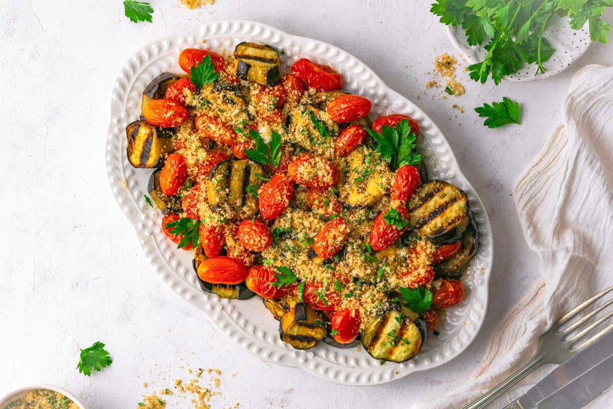 Low Carb Grilled Eggplant, Roasted Tomatoes, and Garlic Herb Bread Crumbs