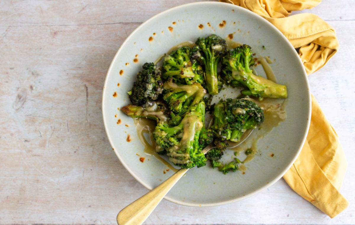 Keto Roasted Frozen Broccoli with Tahini Sauce