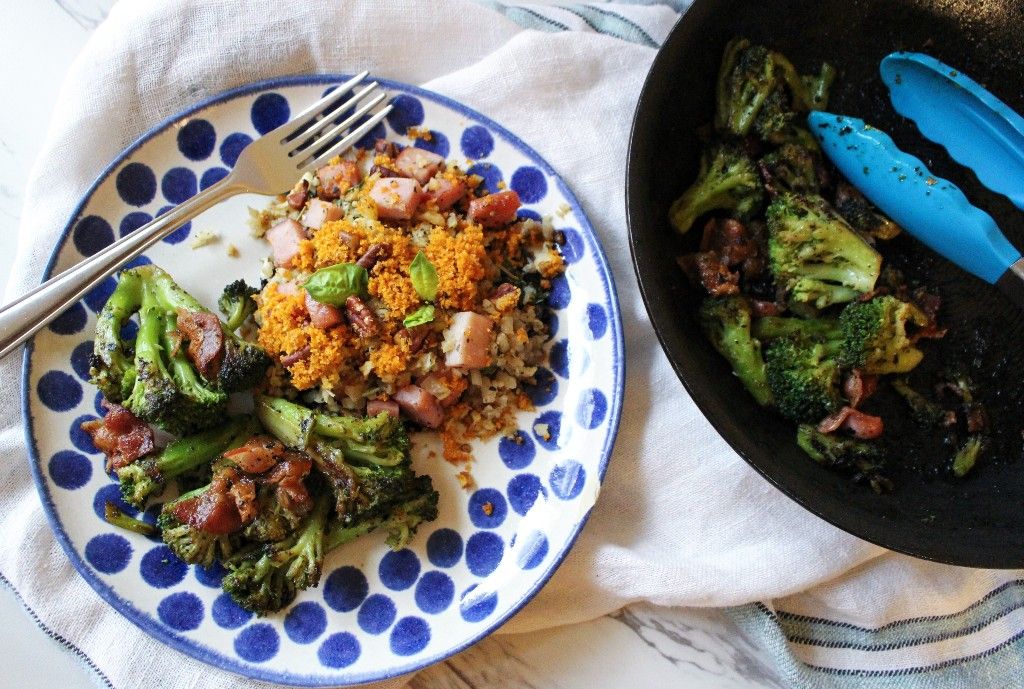 Keto Ham Stuffed Portobello Mushrooms w Buttery Bacon Broccoli