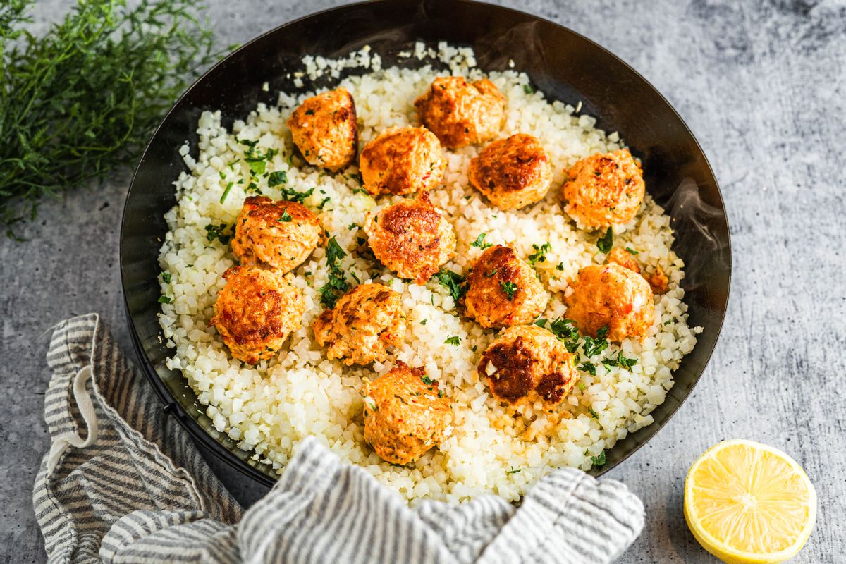 Keto Harissa Turkey Meatballs and Lemon Cauliflower Rice