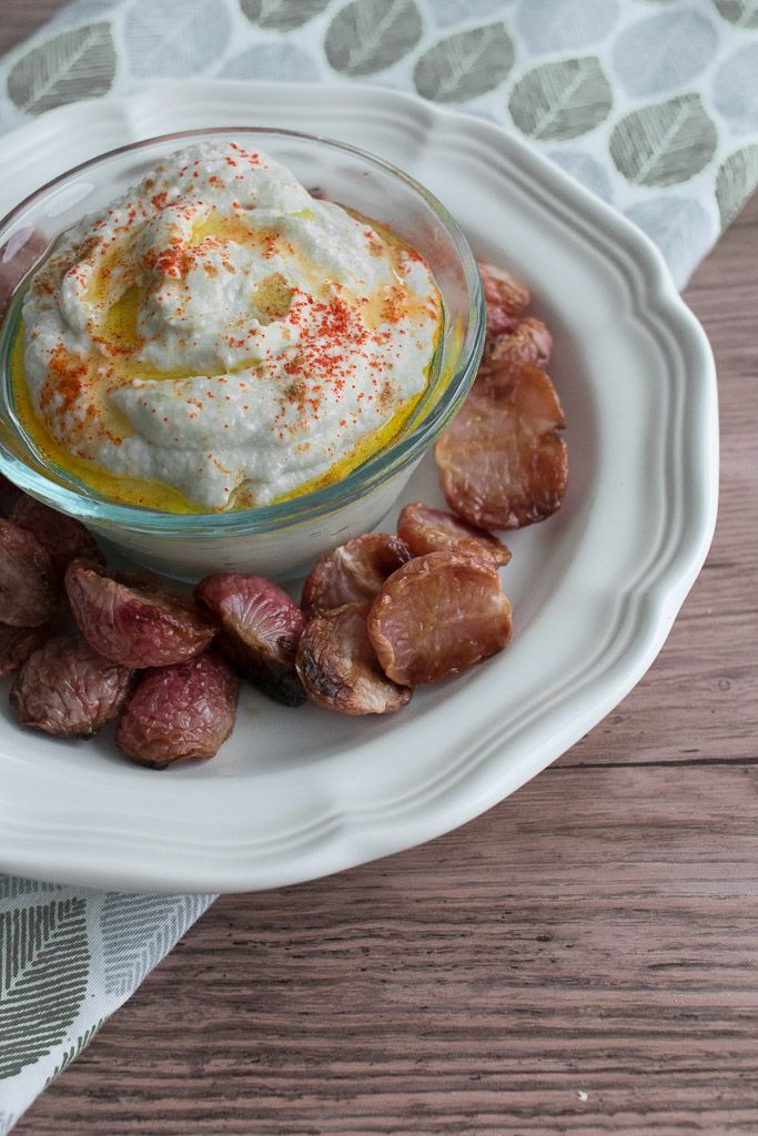 Low Carb Cauliflower Artichoke Hummus With Roasted Radishes