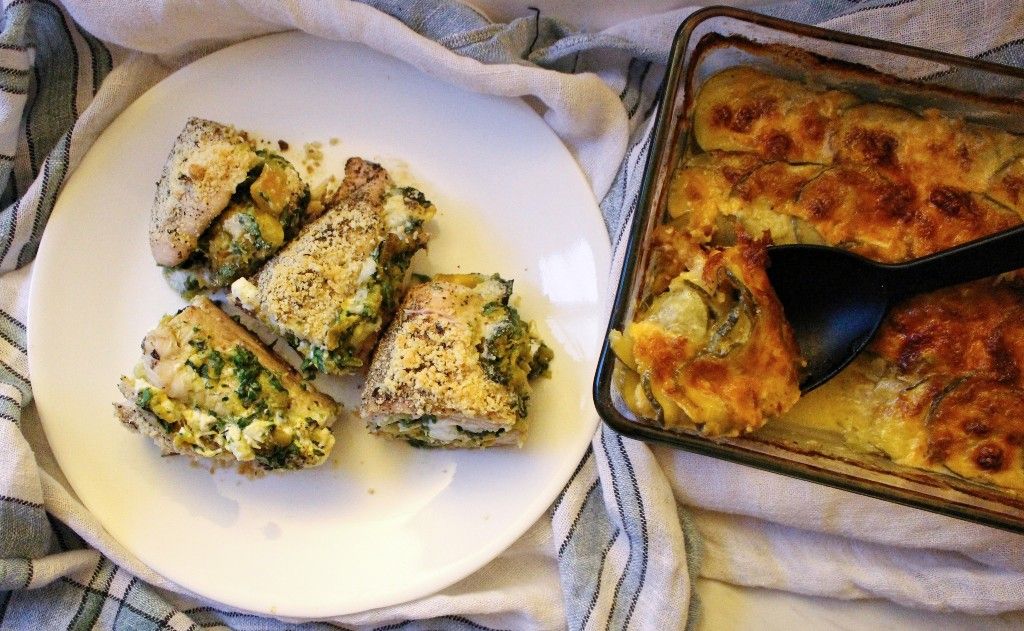 Low Carb Butternut Squash and Spinach Stuffed Chicken Breast w Scalloped Zucchini