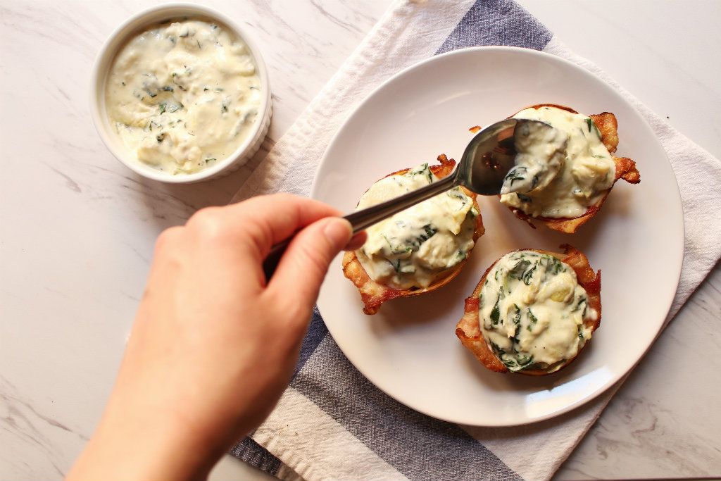 Keto Spinach And Artichoke Bacon Cups