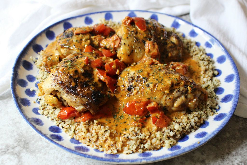 Keto Tomato and Chicken Thigh Skillet with Parsley Cauliflower Rice