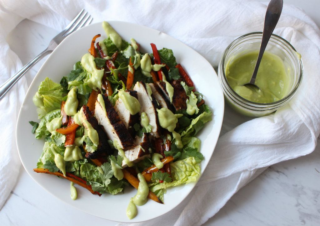 Low Carb Chicken Fajita Salad with Avocado Lime Dressing