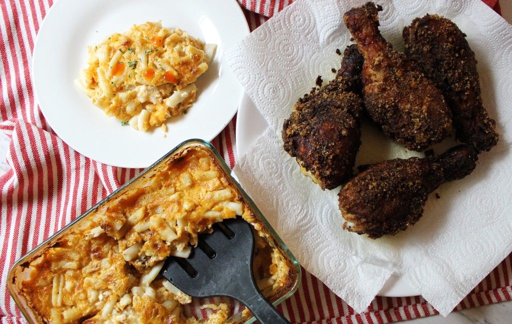 Low Carb Crunchy Chicken Drumsticks w Baked Macaroni