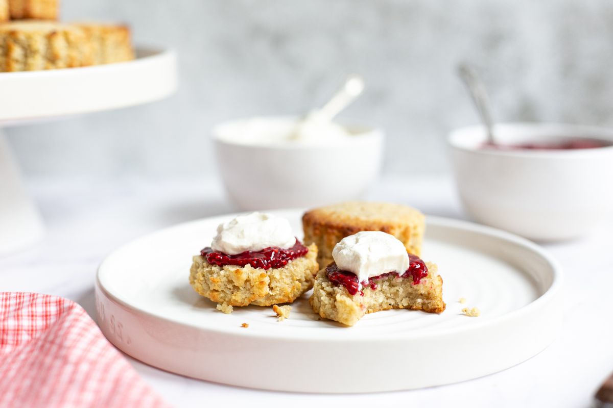 Keto All-Butter British Scones With Raspberry Chia Jam And Cream